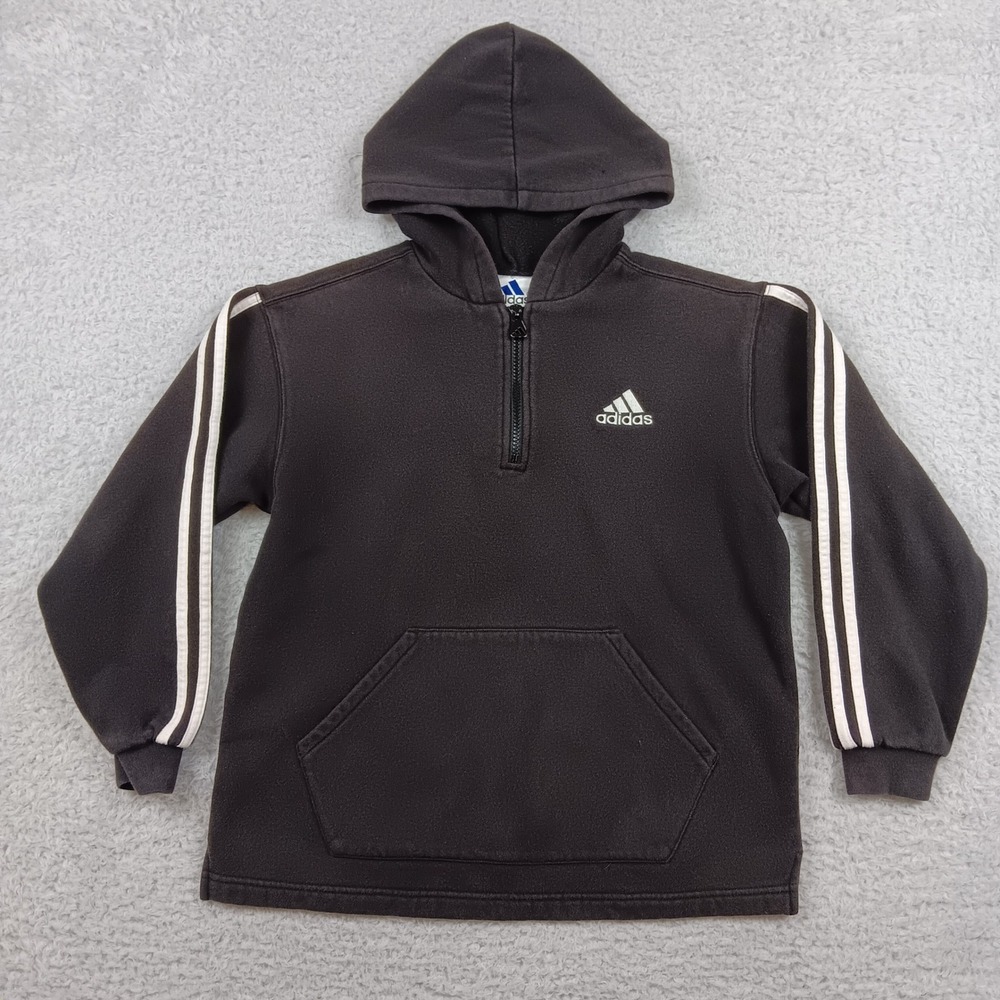 VTG Adidas Hoodie Quarter Zip Youth M Black 3 Stripe Fleece AUZ001